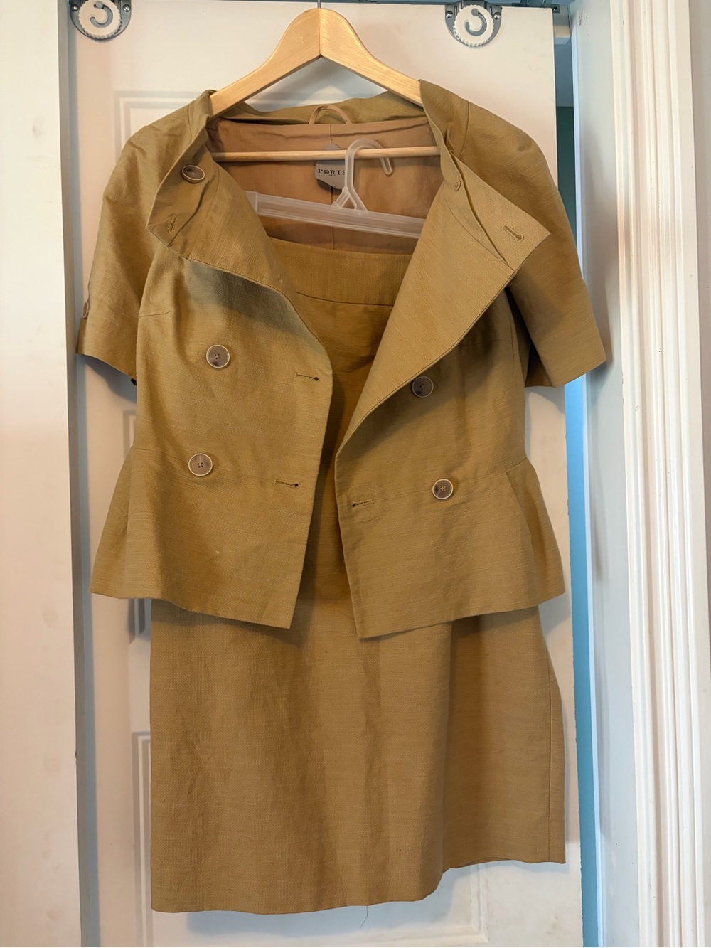Ports 1961 Tan Linen Blend Skirt Suit Set – Short Sleeve Blazer + Midi Skirt